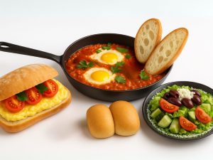 שקשוקה + חביתה + סלט יווני + 2 ג'בטות חמות